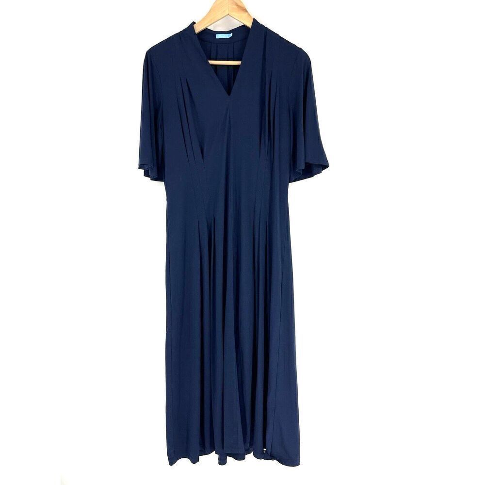 J McLaughlin Dress Size XS Navy Pleated Flutter Sleeve Midi Jersey Knit Twirl